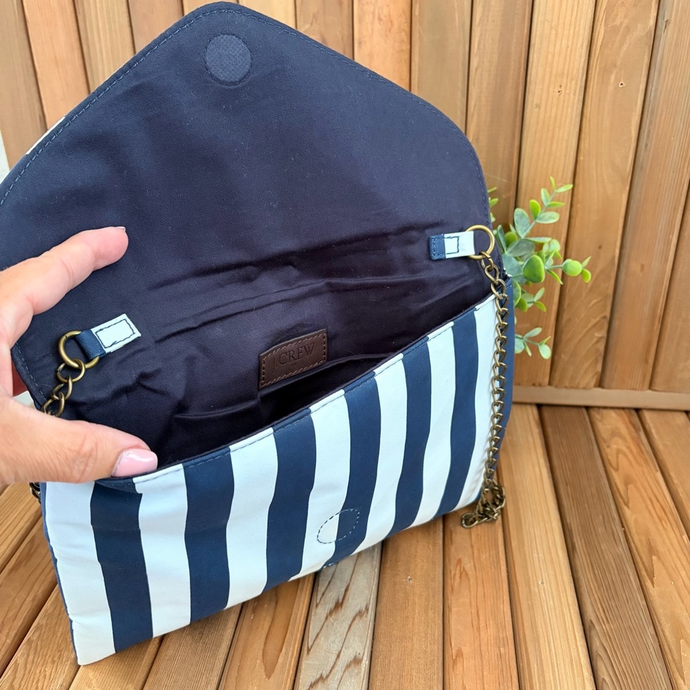 J. Crew Navy Striped Crossbody Clutch Bag, Nautical Brass Chain Strap - Picture 5 of 7